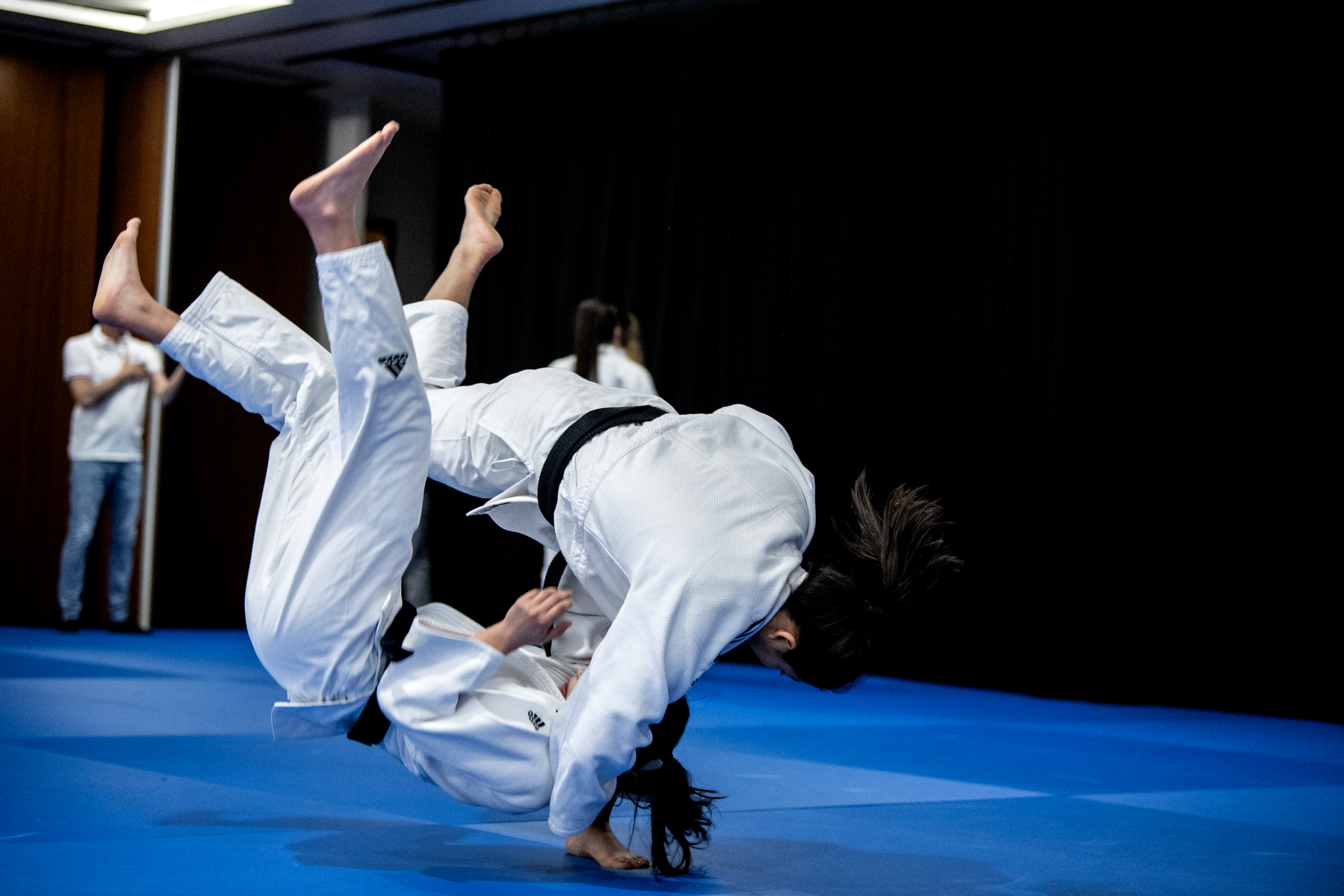 Un binôme de judokas ceintures noires en pleine chute sur un tatami bleu.